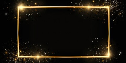 Radiant gold sparkle frame on black background. Magical glowing effect. Golden shimmer. Abstract brightness in dark space. Elegant flare. Shining with luxury and glamour - obrazy, fototapety, plakaty