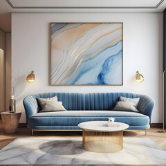 Minimalist home interior design of modern living room. Luxury blue curved sofa against beige wall with golden stripes and marbling poster. Generate AI