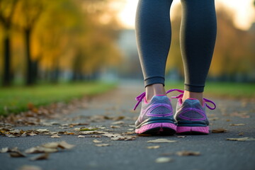 Runner feet running on road closeup on shoe. woman fitness sunrise jog workout welness concept.