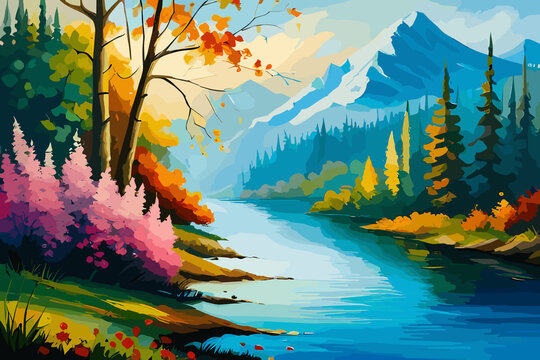 Illustration of a lake in the mountains at sunset with colorful trees, abstract illustration, generative ai