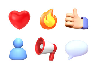 3d icon set of social media marketing on a transparent background. Collection contains heart sign, hot flame, like, follower, loudspeaker, comment © Maliwan