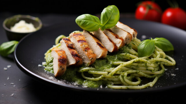 Pesto Pasta With Grilled Chicken. Dark Backgrou, Generative Ai.