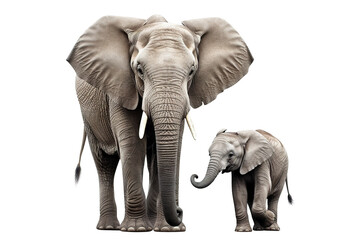 Big elephant with a cute little elephant calf, cut out - obrazy, fototapety, plakaty