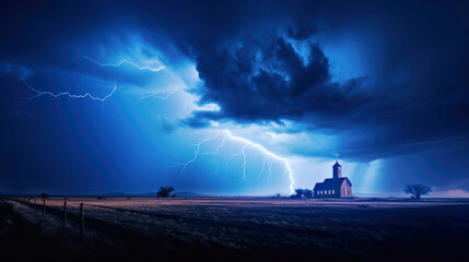 Fototapeta premium My God and Church protects us. Blue stormy sky with lightnings over a Church in the countryside