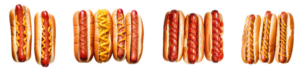 Collection of hot dogs with ketchup, beef sausages, and mustard, isolated on a transparent background.