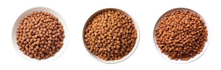 Set of dry dog and cat nutrition food in a white bowl, top view, isolated on a white or transparent background