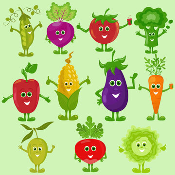 Funny vegetables characters set with faces. Cute healthy collection in flat style. Stock vector illustration