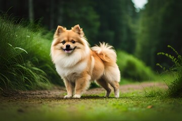 a Pomeranian dog ,in jungle