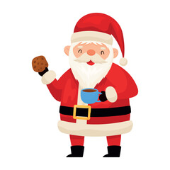 Santa Claus with mug of hot chocolate or tea and cookie, smiling happy Christmas character, element with shadows