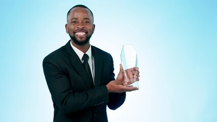 Man, winner and award with mockup, happy and smile for career achievement, applause and speech. Corporate, business success and celebration for hard work, excellence and startup financial growth