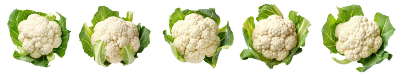 Collection of fresh cauliflowers with green leaves, isolated on a transparent background. PNG, cutout, or clipping path.