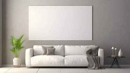 Minimalist home interior design of modern living room. white sofa against stucco wall with blank frame. Generate AI