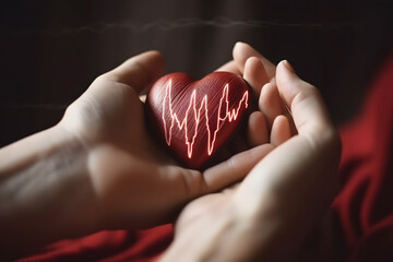 Hands holding red heart with heartbeat. Heart health concept - obrazy, fototapety, plakaty