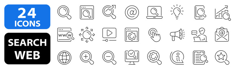 Set 24 Search web icons. SEO analytics icons. Digital marketing, data analysis, employee Management and more. Vector illustration.
