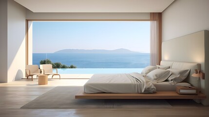 Minimalist interior design of modern bedroom in seaside villa with sea view.  Generate AI
