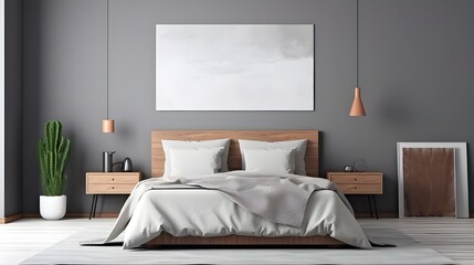 Fototapeta na wymiar Minimalist interior design of modern bedroom with grey wall with copy space with wooden frames. Generate AI
