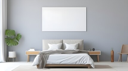 Minimalist interior design of modern bedroom with grey wall with copy space with wooden frames. Generate AI