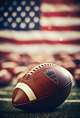 American football sport equipment background banner - Closeup of football on gridiron in stadium | Generative AI