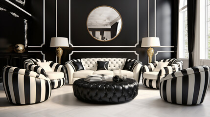 Black and white striped corner sofa and barrel chair