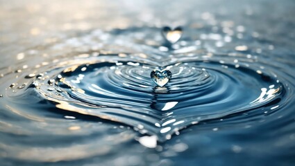 Heart shaped water drop forming heart shaped ripples on clear water. Symbolizes love, affection, emotional impact, emotional resonance, and transcendent  love.