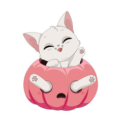 Zabawny kot bawiący się w wydrążonej różowej dyni. Ilustracja na Halloween. Cukierek albo psikus! Uroczy ręcznie rysowany mały kotek. Ilustracja wektorowa. © Monika