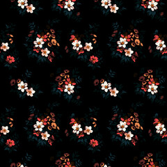 Beautiful floral pattern in small bright flowers. Small night dark flowers. Black background. Ditsy print. Floral seamless background. Liberty template for fashion prints. Stock pattern.