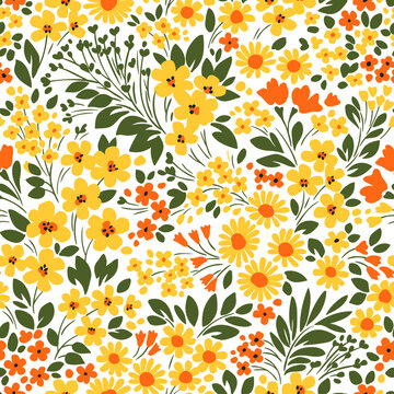 Beautiful floral pattern in small abstract flowers. Small yellow flowers. White background. Ditsy print. Floral seamless background. Seamless decorative elegant pattern with cute flowers.