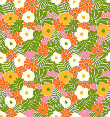 Vintage floral background. Seamless vector pattern for design and fashion prints. Flowers pattern with small orange and yellow flowers, green leaves on a gray background. Ditsy style. Stock.