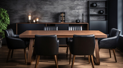 Black chairs and wooden dining table