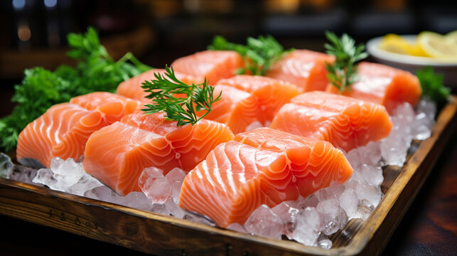 Fresh salmon meat for sale in supermarkets.