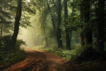 Fototapeta premium dirt road in the woods with trees and foggy fog, generative ai 
