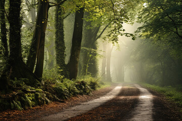 Fototapeta na wymiar dirt road in the woods with trees and foggy fog, generative ai 