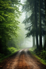 Fototapeta premium dirt road in the woods with trees and foggy fog, generative ai 