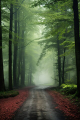 Fototapeta premium dirt road in the woods with trees and foggy fog, generative ai 