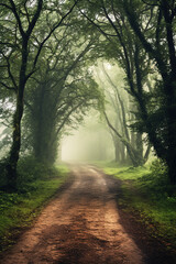 Obraz premium dirt road in the woods with trees and foggy fog, generative ai 