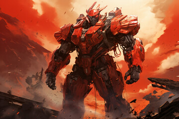 soldiers in red mecha suits, war robots