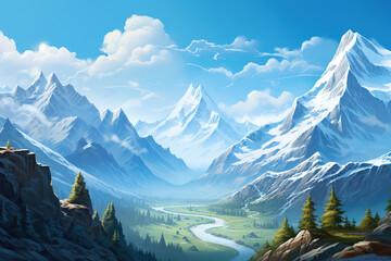 majestic snow-covered mountain range against a bright blue sky, generative ai 