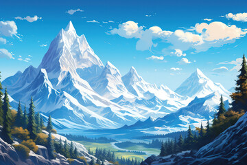 majestic snow-covered mountain range against a bright blue sky, generative ai 