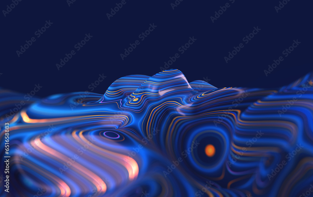 Sticker abstraction of lines and rays on a wavy surface 3d illustration. beauty of neon lights flow - Stickers