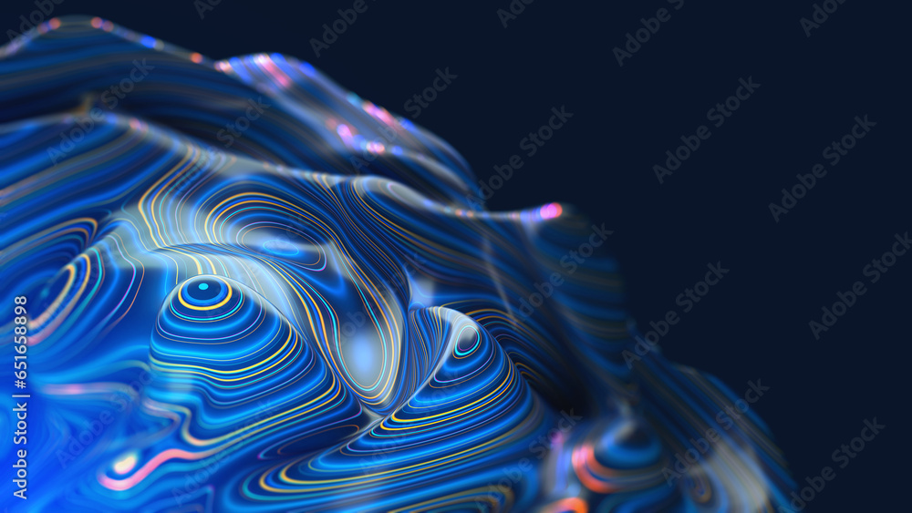 Aufkleber Abstraction of lines and rays on a wavy surface 3D illustration. Beauty of neon lights flow