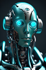 robot male, bright turquoise eyes, 8k art perfect anatomy