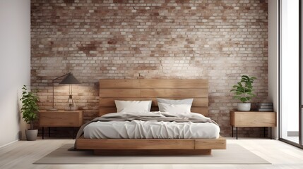 Minimalist loft interior design of modern bedroom. Wooden bed near brick wall. Generate AI 