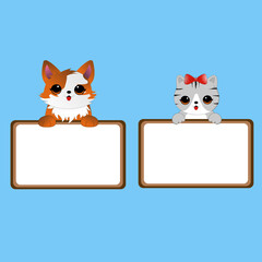 Two kittens holding displaying a blank white board banner poster. vector design illustration.