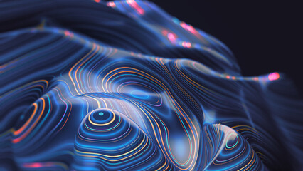 Cyber field information flow 3D illustration. Abstraction of lines and rays on a wavy surface