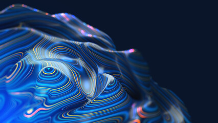 Abstraction of lines and rays on a wavy surface 3D illustration. Beauty of neon lights flow