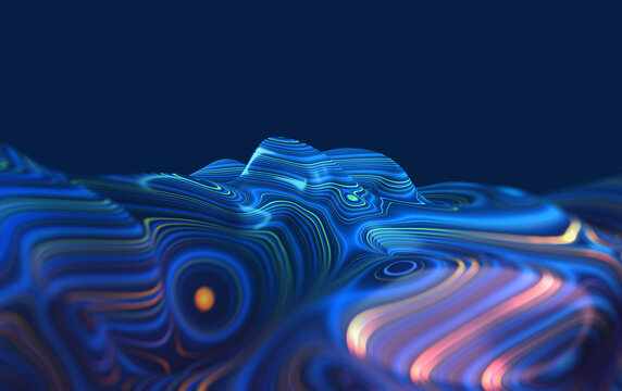 Cyber field information flow 3D illustration. Abstraction of lines and rays on a wavy surface