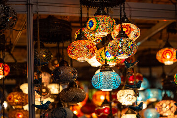 Turkey. Market With Many Traditional Colorful Handmade Turkish Lamps And Lanterns. Lanterns Hanging In Shop For Sale. Popular Souvenirs From Turkey.