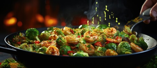 Shrimp and brussels sprouts cooked by a professional chef Seafood and vegetarian food on a dark background Horizontal banner