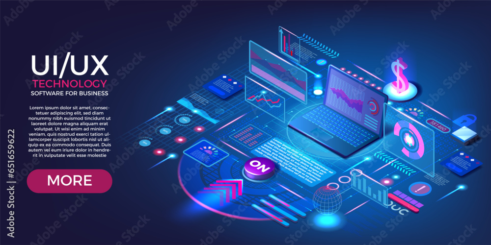 Aufkleber UI technology. Internet website. UX interface. Isometric dashboard. Software for business process. Laptop and digital infographic. Statistics dollar growth. Vector web banner design