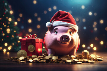 Piggy bank with Santa hat and gift coins. ai generative